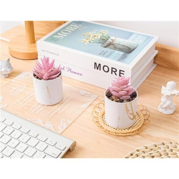 Set of 2 Mini Fake Succulent Plants Pink Desk Decor Small Artificial Potted Plan - Picture 2 of 7
